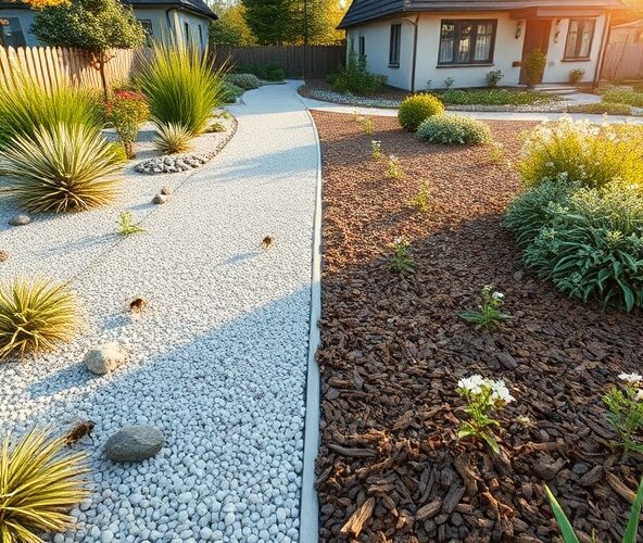 Żwir czy mulcz w projektowaniu ogrodów w Błoniu, by mniej podlewać?